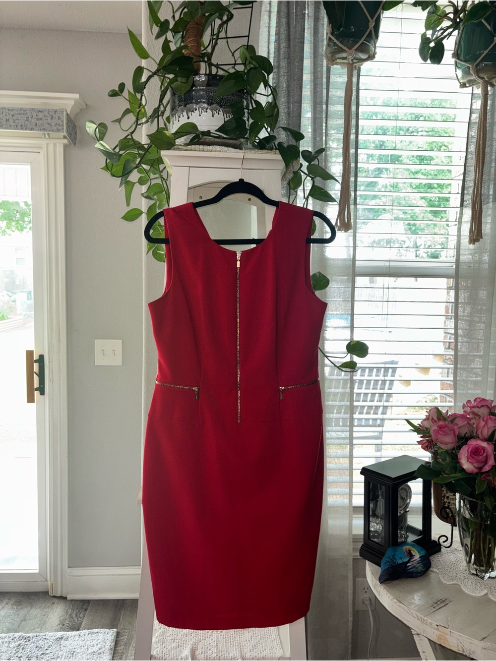 Calvin Klein Red Sleeveless Sheath Dress with Front Zip